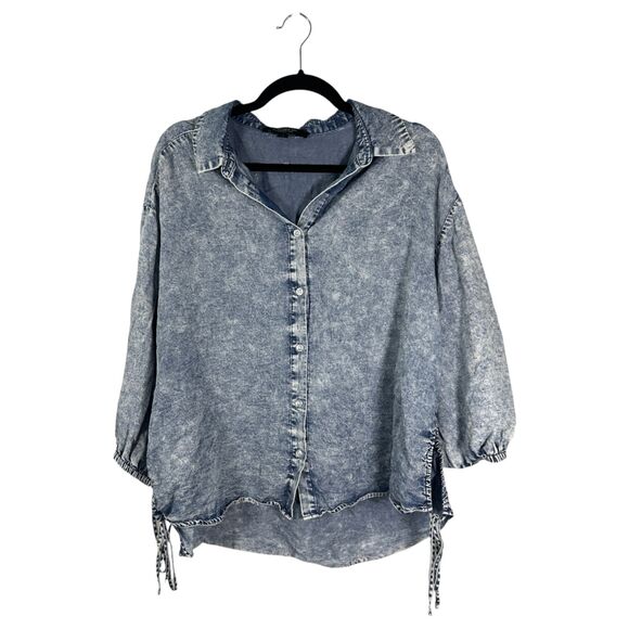 Andrew Marc Marc New York Chambray Acid Wash Button Front Oversized Shirt Small - Picture 1 of 6